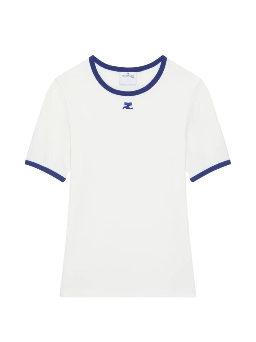 Tailliertes weißes T-Shirt mit blauem Rand