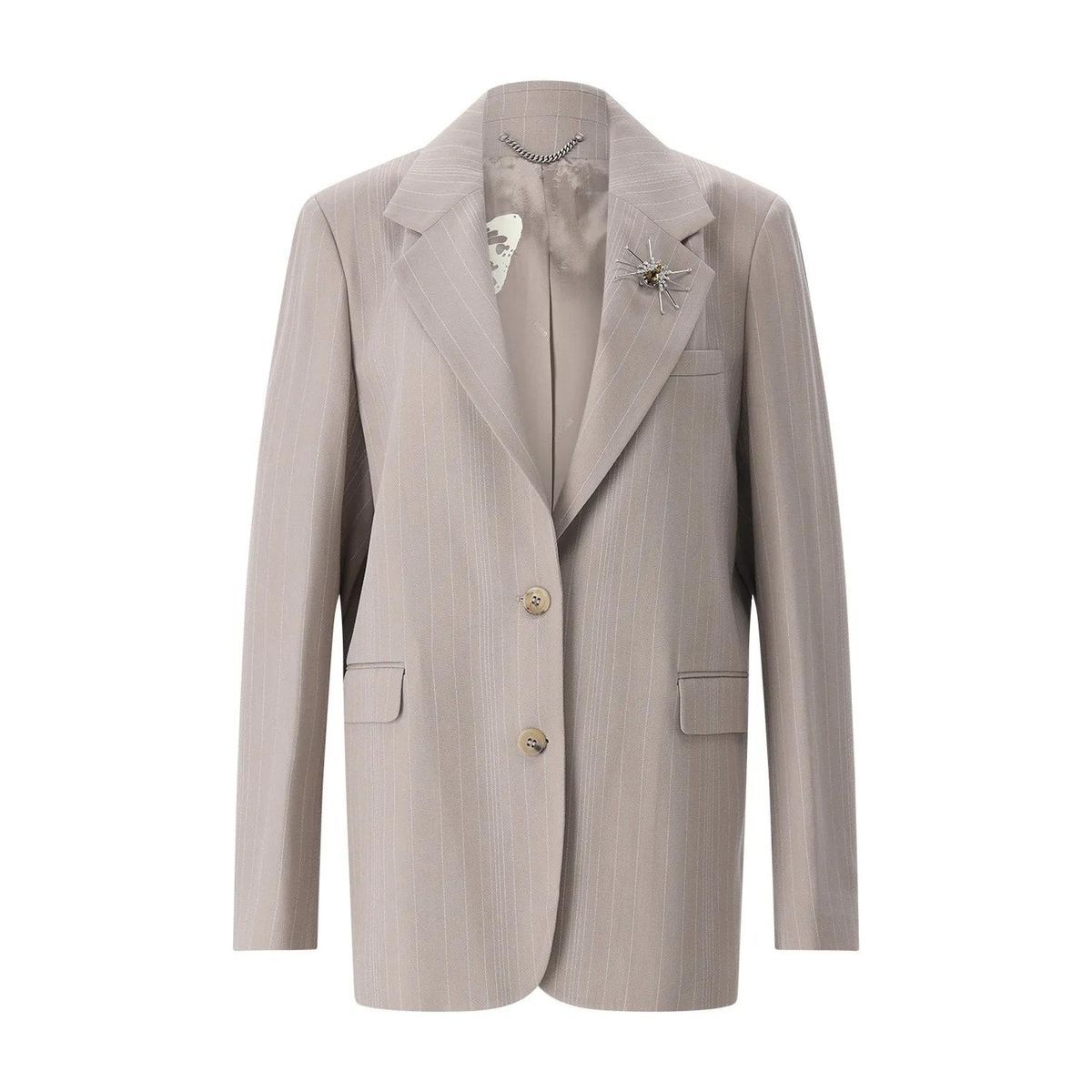 Gestreifter Wollmischungsblazer mit Brosche