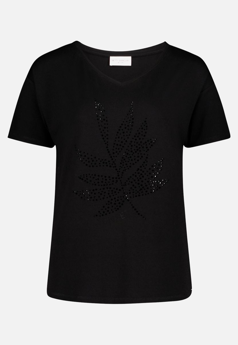 Lässiges Glitzer-Shirt mit V-Ausschnitt und Blatt-Motiv