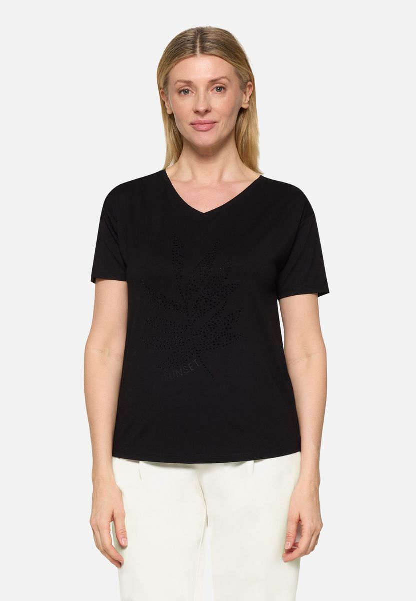 V-Shirt mit tropischem Strass-Motiv