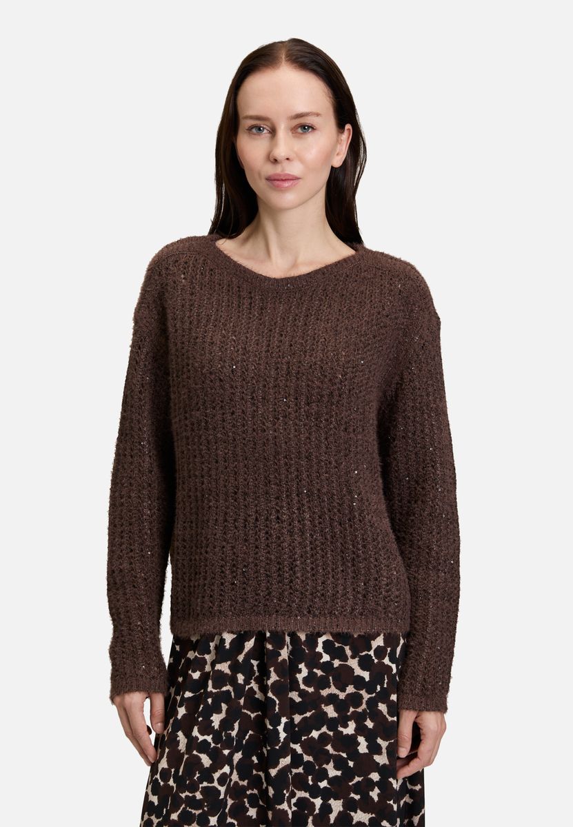 Grobstrickpullover mit floralem Paillettenmuster