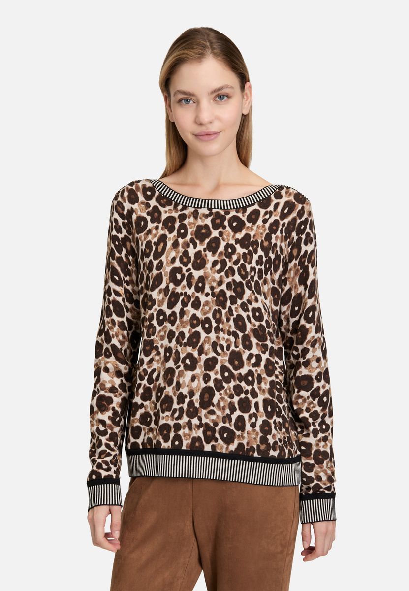 Strickpullover mit Animalprint und Streifenbesatz