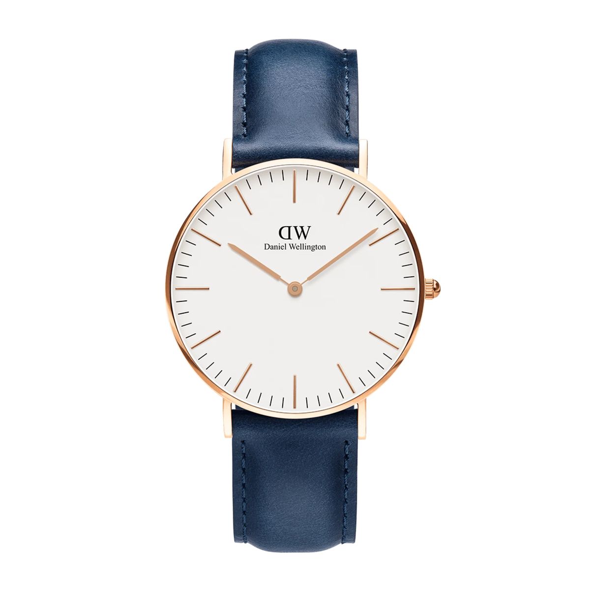 Klassische Roségold-Uhr mit blauem Armband