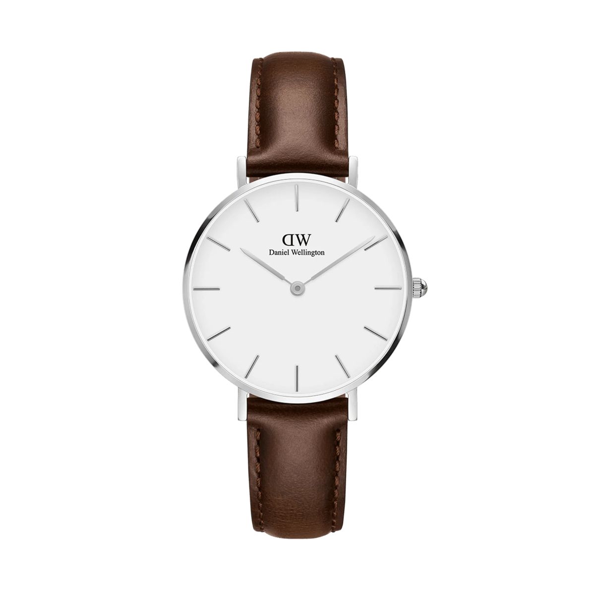 Minimalistische Silberuhr mit braunem Armband