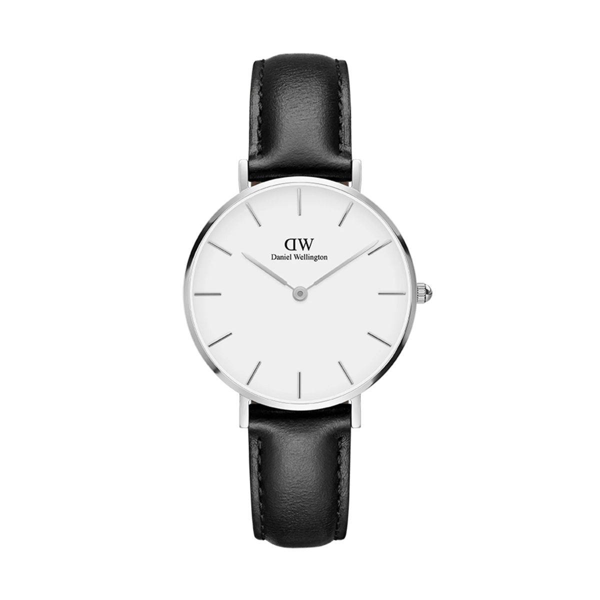 Minimalistische silberne Uhr mit schwarzem Lederarmband