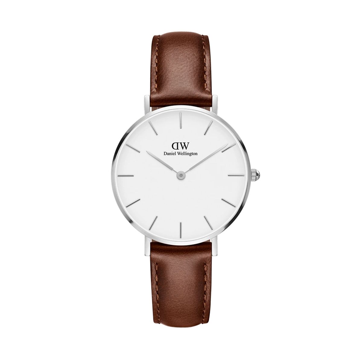 Minimalistische silberne Uhr mit braunem Armband