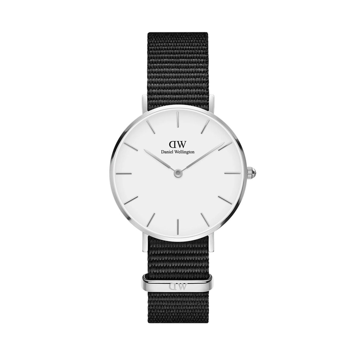 Minimalistische silberne Uhr mit schwarzem Armband