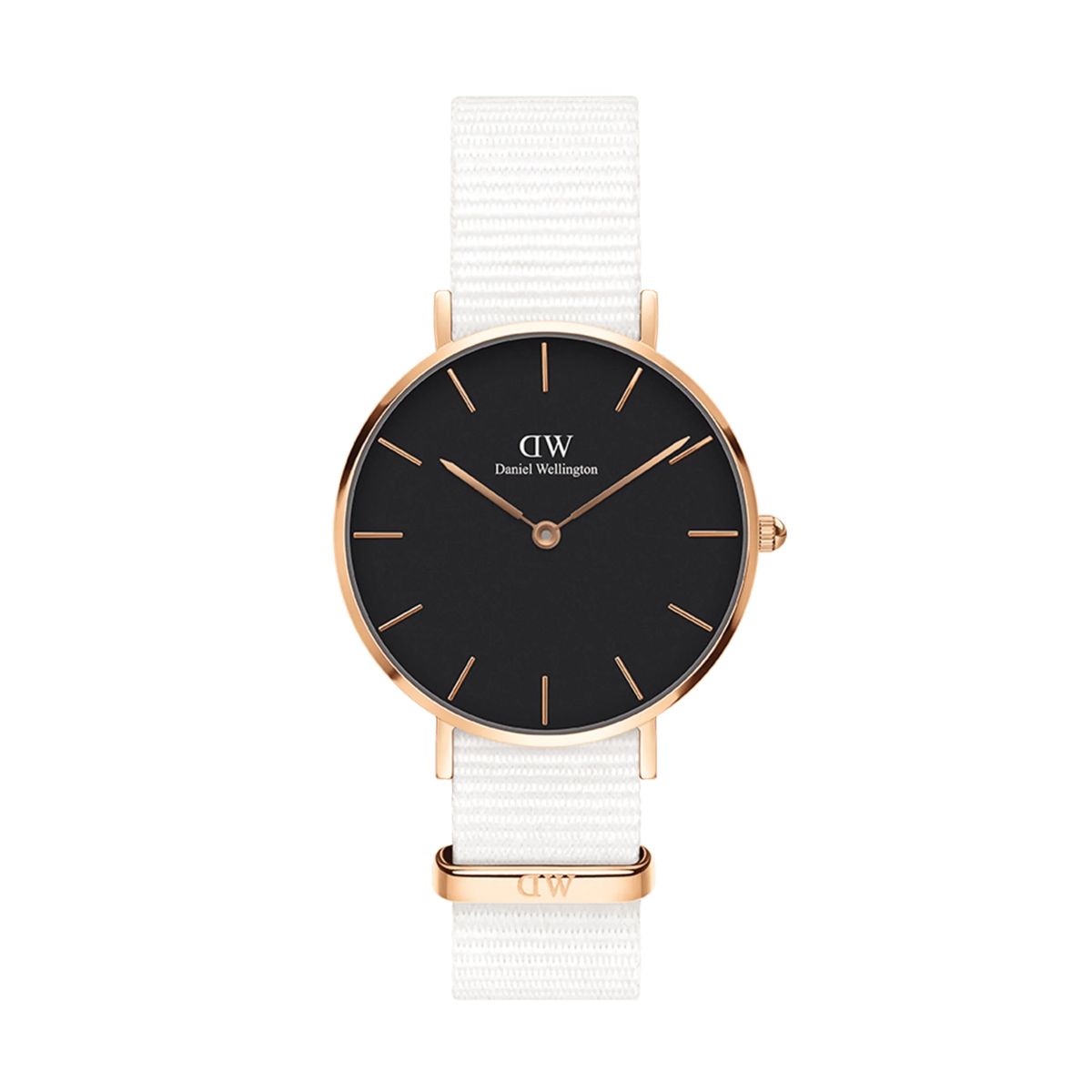 Minimalistische Uhr mit schwarzem Zifferblatt und weißem Armband