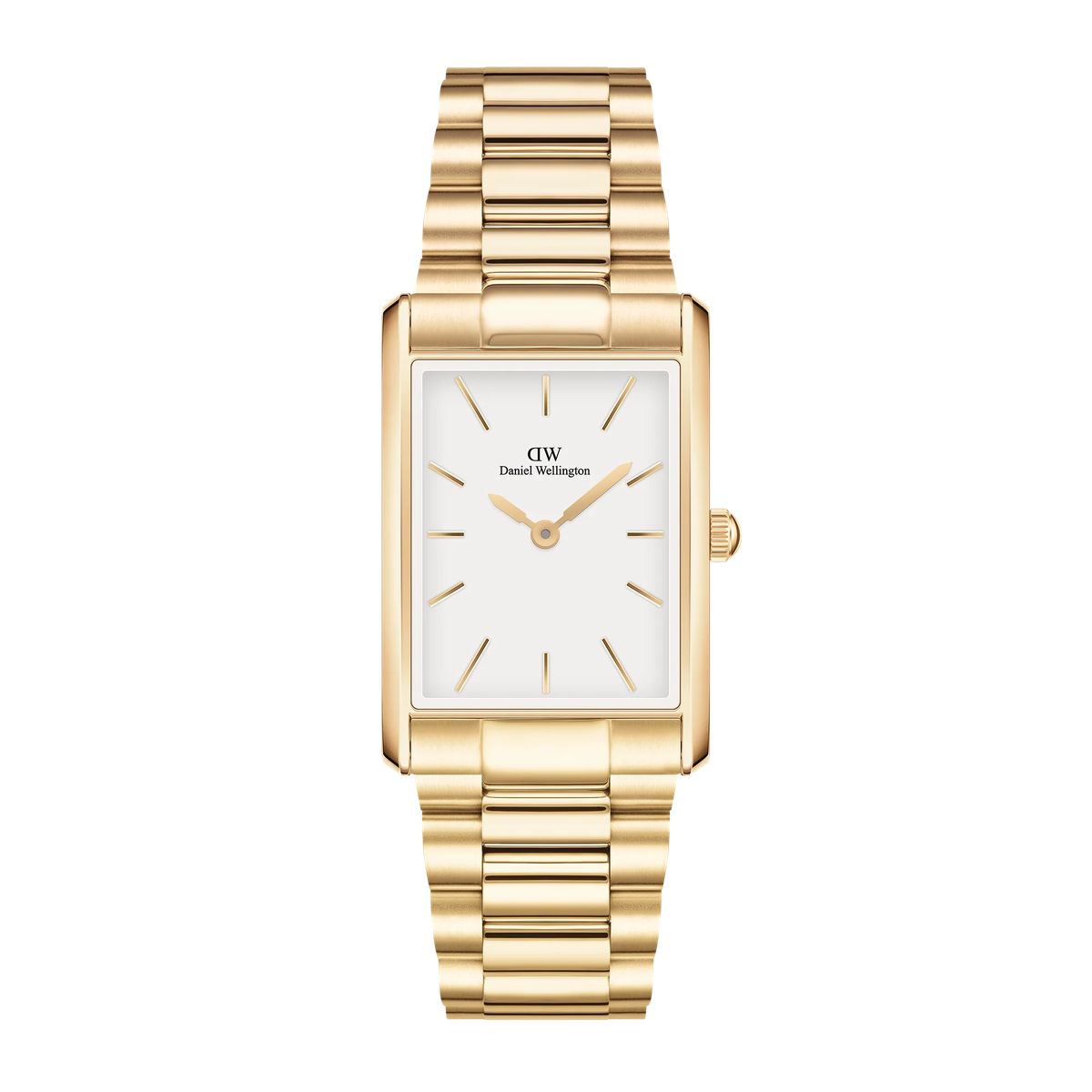 Rechteckige goldfarbene Gliederarmbanduhr