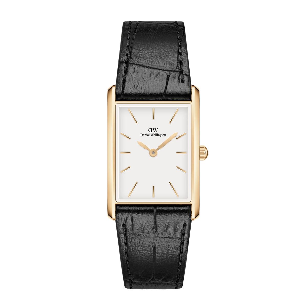 Rechteckige Goldfarbene Uhr mit Schwarzem Armband