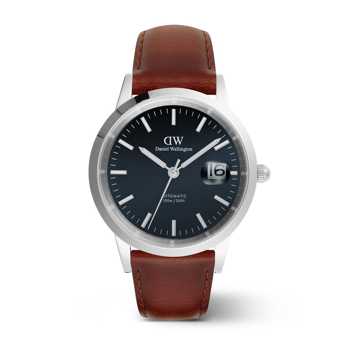 Silberne Automatikuhr mit braunem Lederarmband