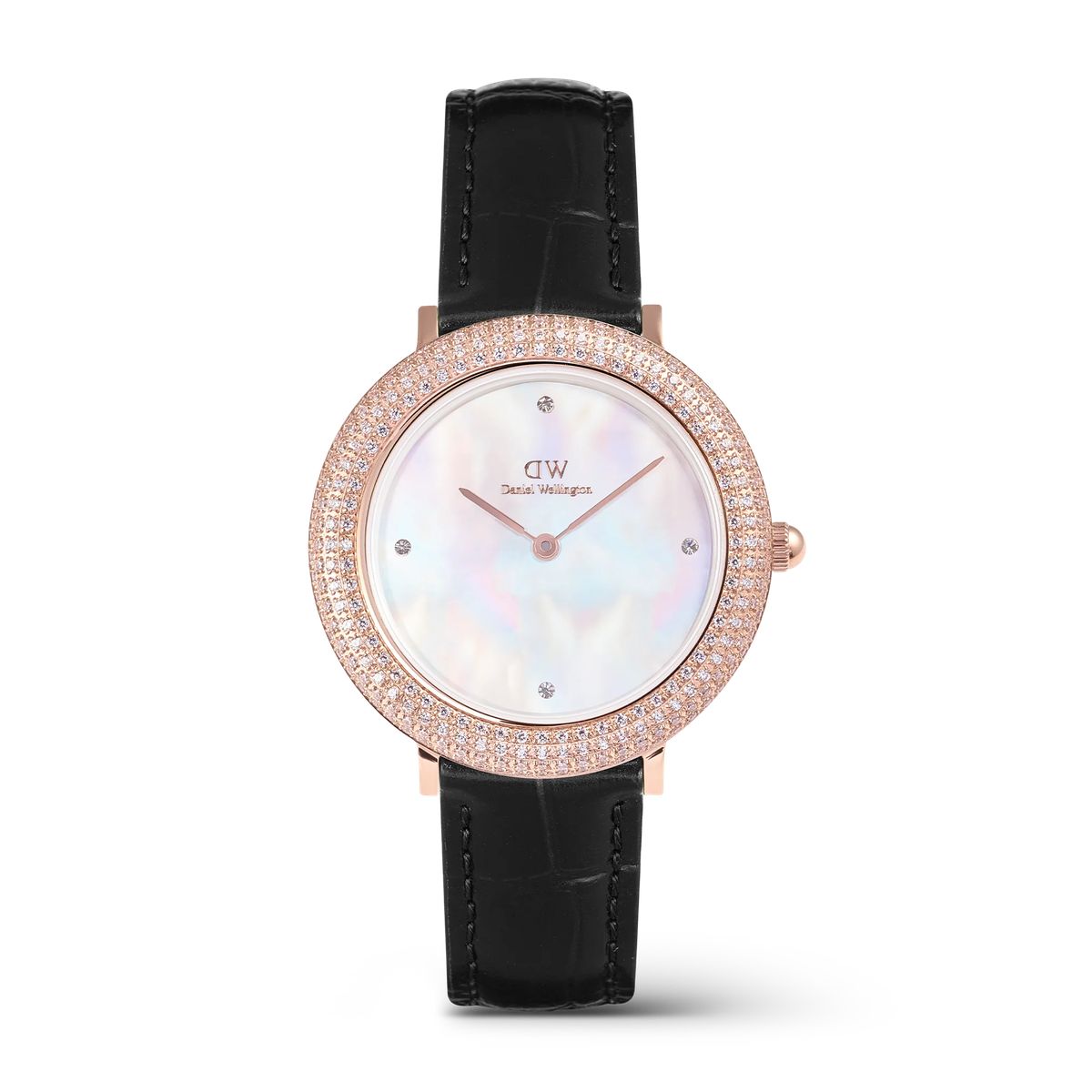 Kristall-Lünette Schwarze Krokoleder Uhr