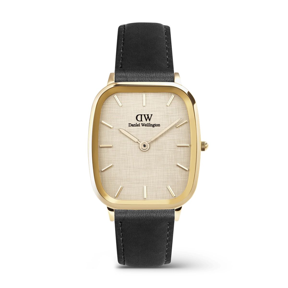 Quadratische goldene Uhr mit schwarzem Armband