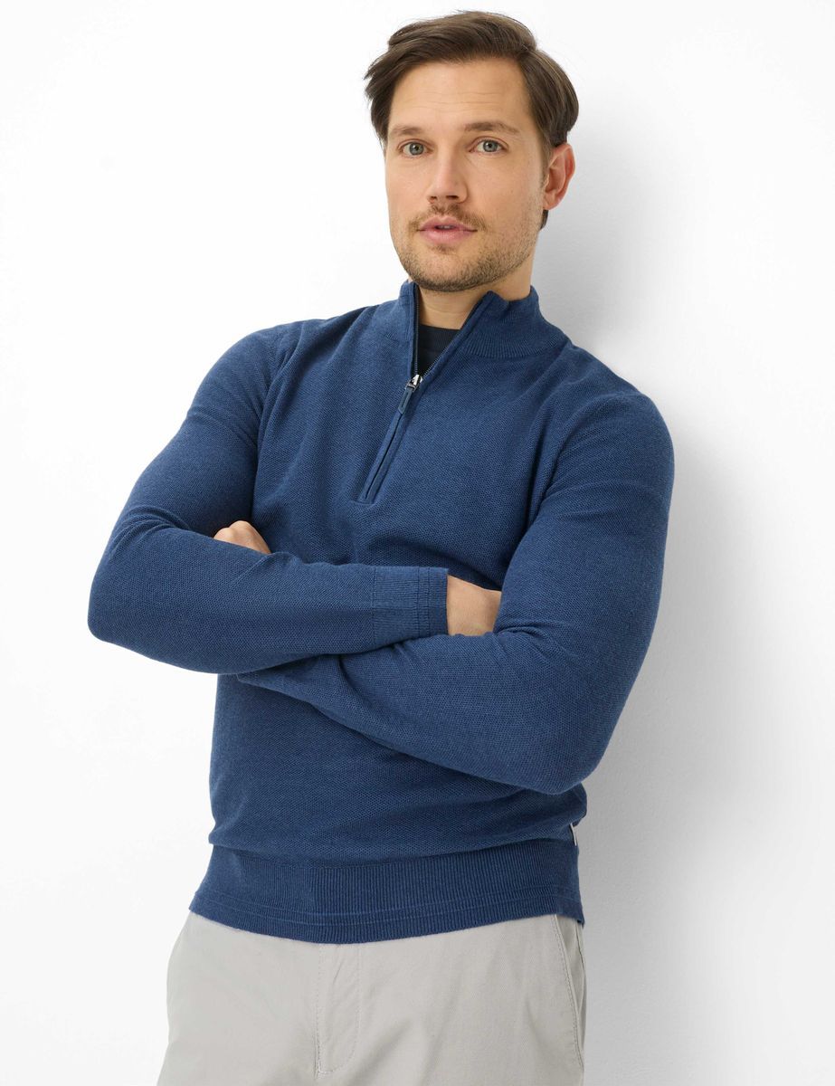 Baumwoll-Leinen-Pullover mit halbem Reißverschluss