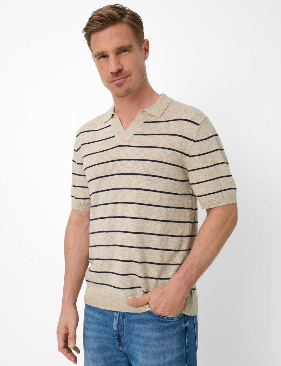 Gestreiftes Baumwoll-Leinen Strickpolohemd