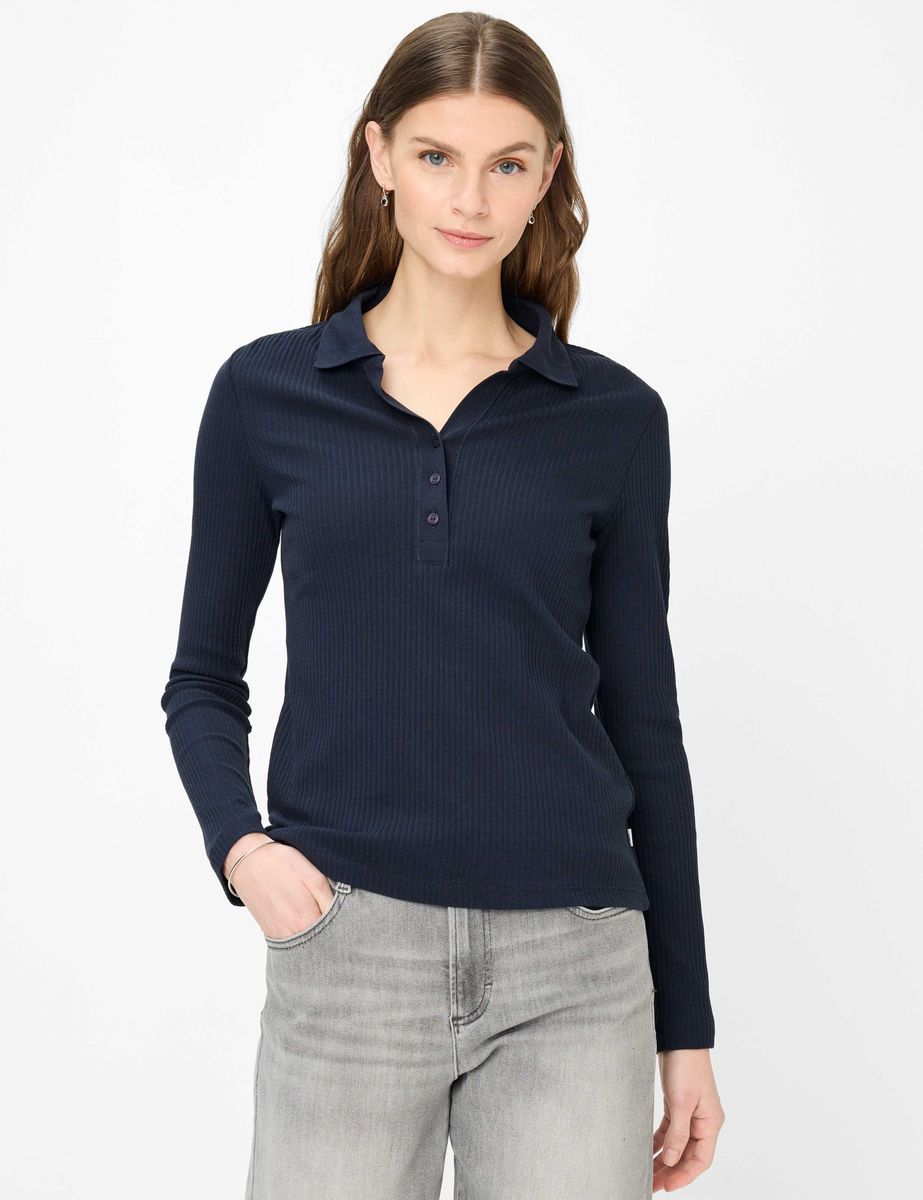 Marineblaues Langarm-Polohemd mit Rippenstruktur