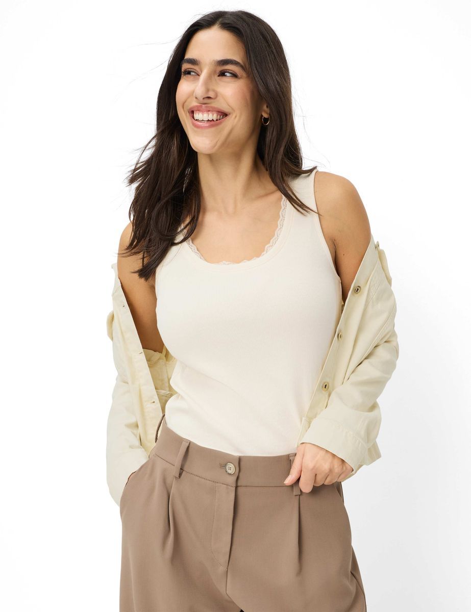 Geripptes Tanktop mit Spitzenbesatz