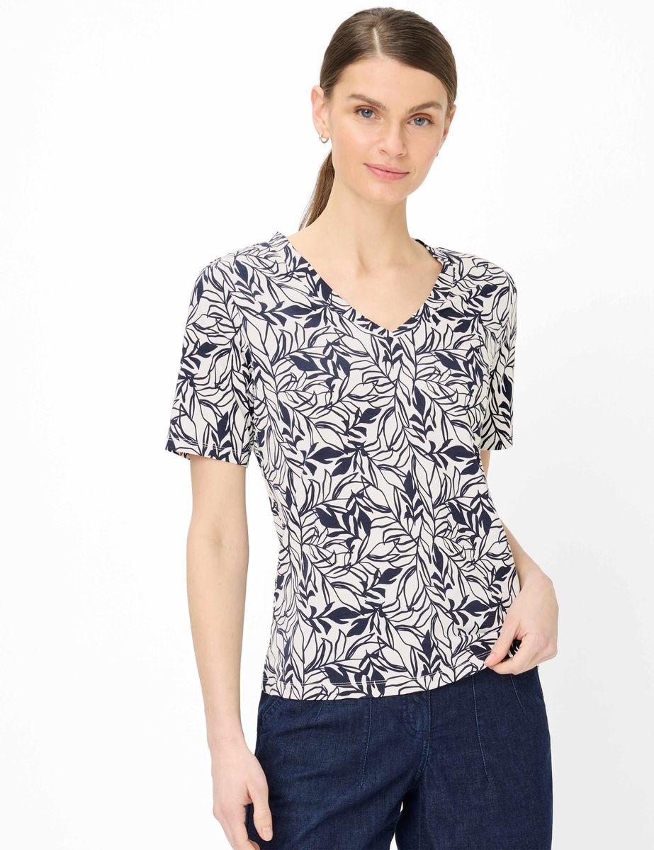 T-Shirt mit Blätterprint und V-Ausschnitt
