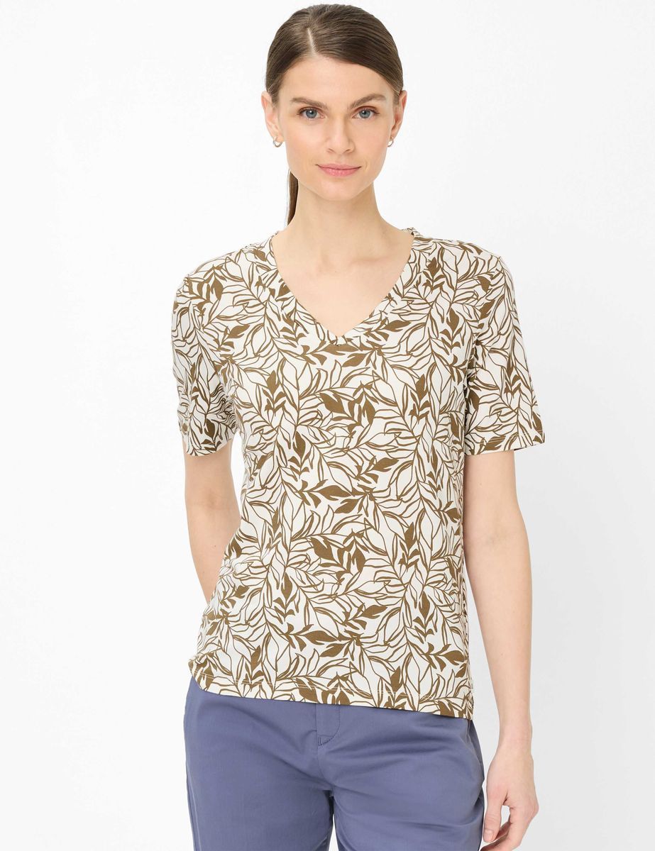 T-Shirt mit Blätterprint und V-Ausschnitt