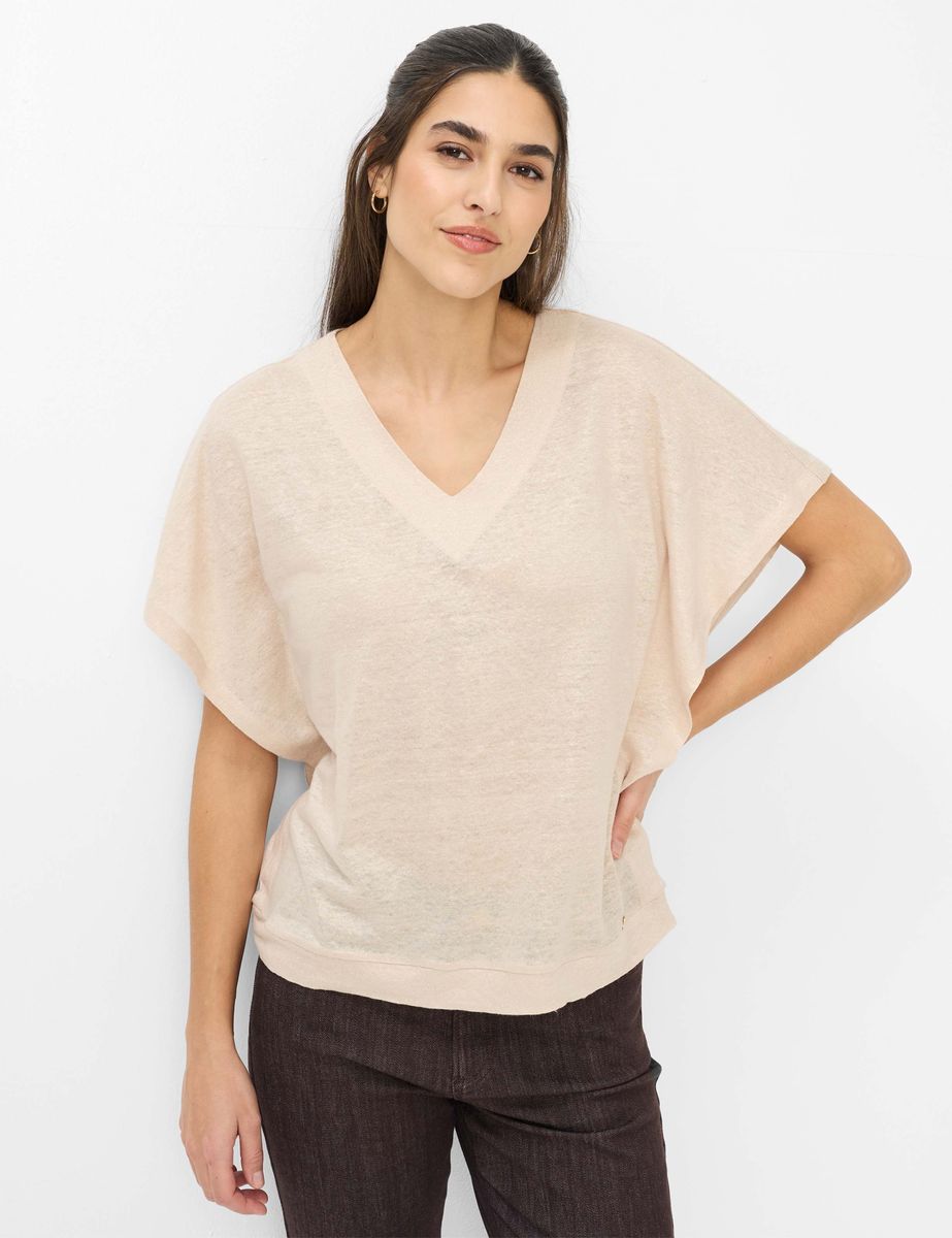 Leinen V-Ausschnitt Kurzarm Top