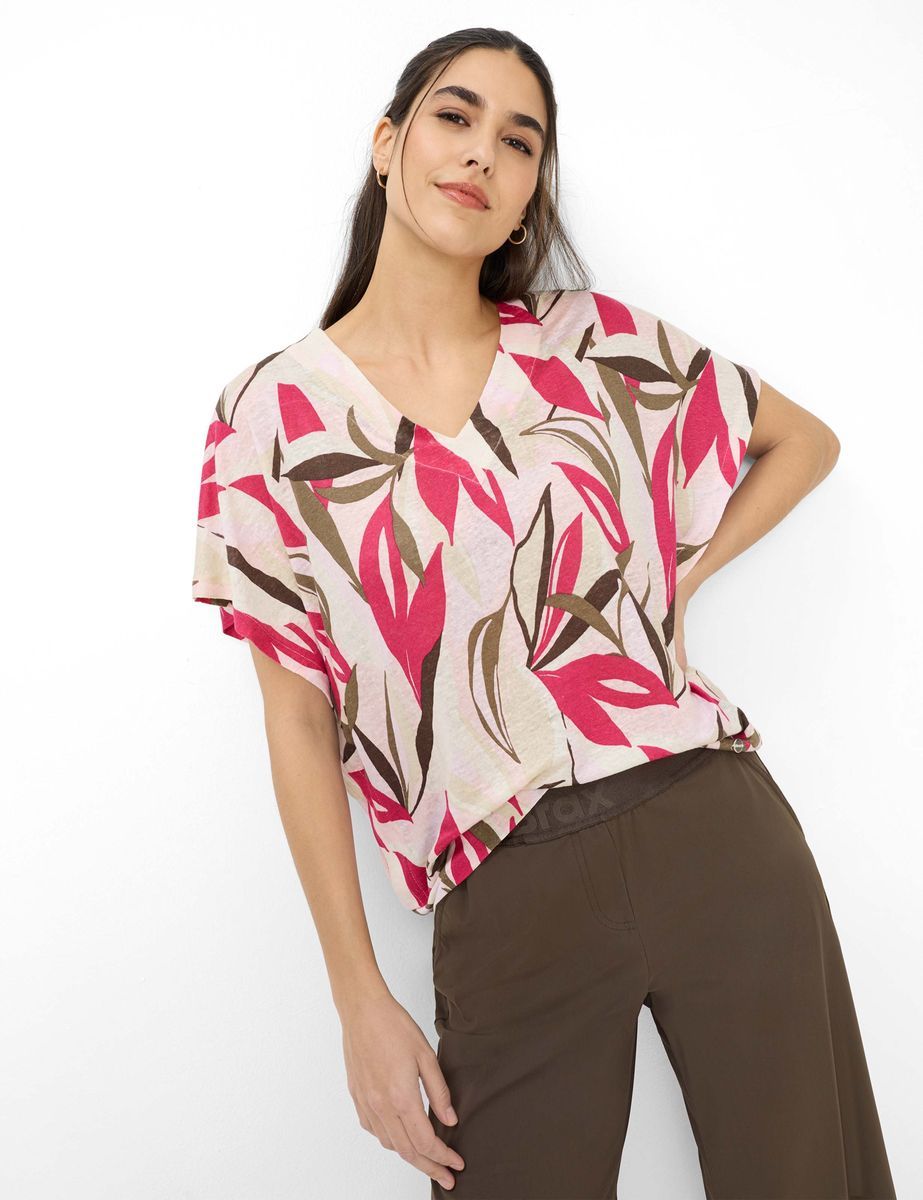 T-Shirt aus Leinen mit Blätterprint