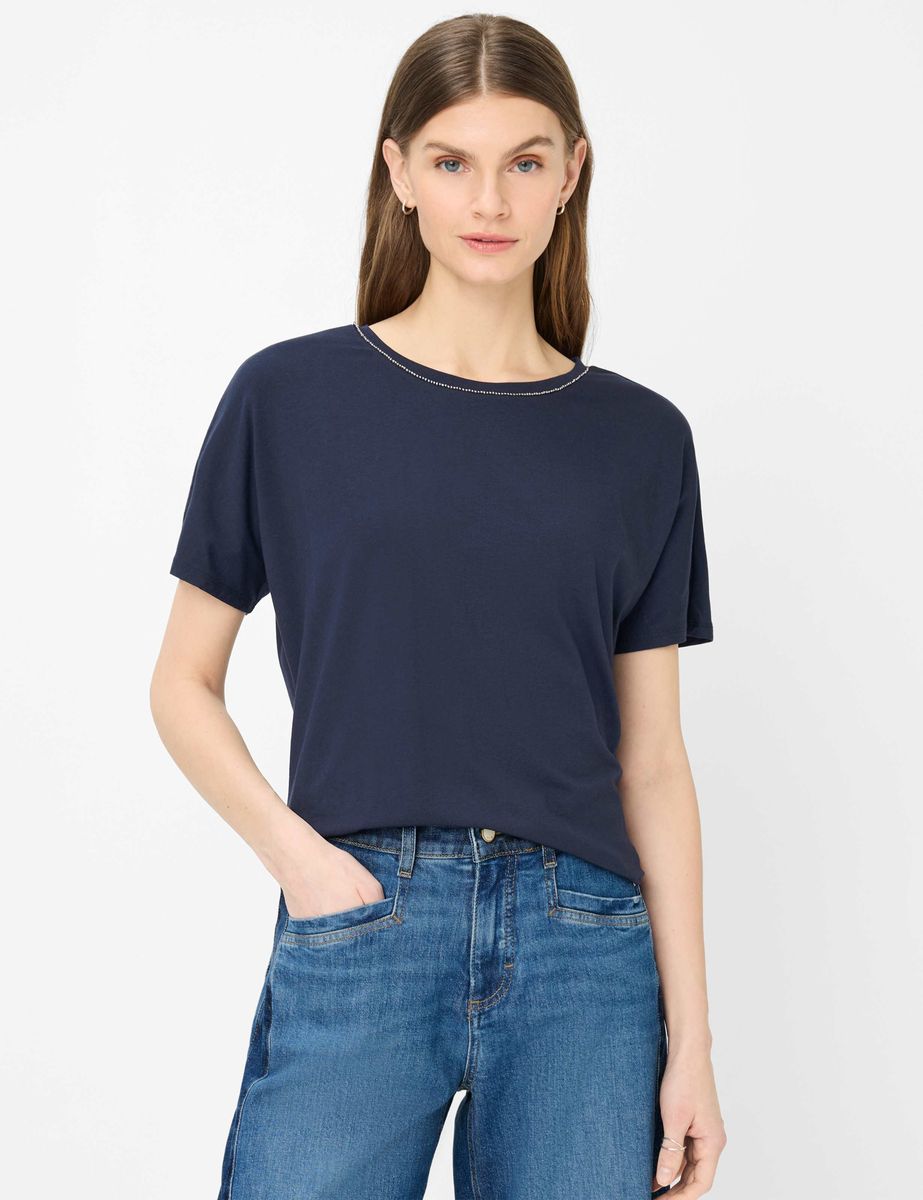 Marineblaues T-Shirt mit Rundhalsausschnitt und kurzen Ärmeln