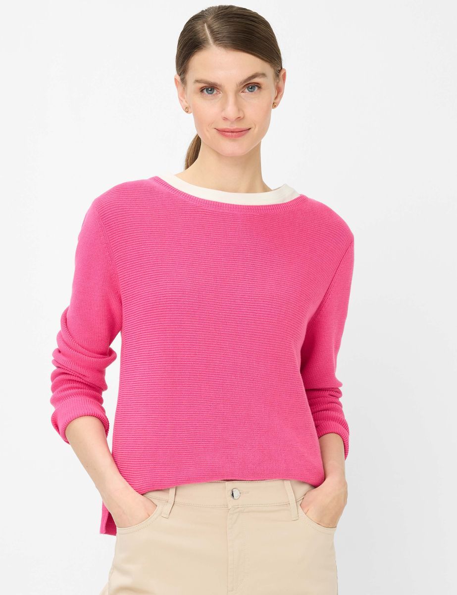 Baumwollstrickpullover mit Kontrastbesatz