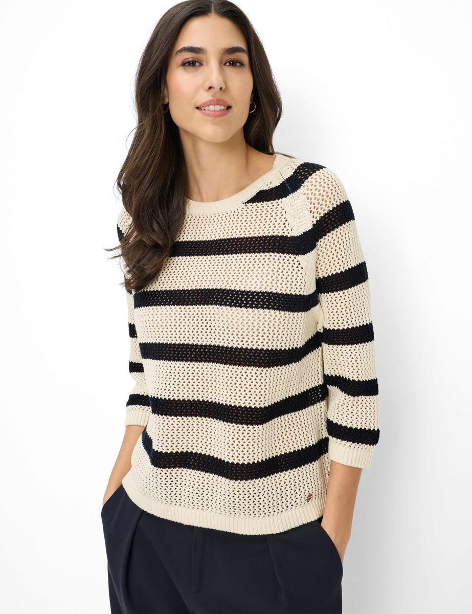 Gestreifter Baumwollpullover mit Lochmuster