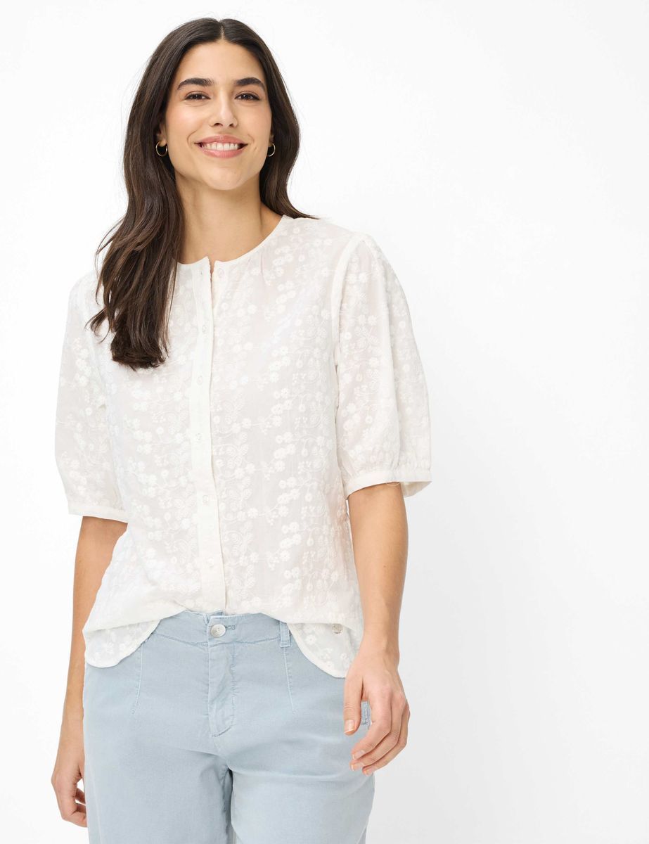 Damen Bluse mit Blumenstickerei und Knopfleiste