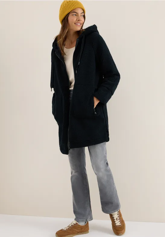 Damen Teddyfleece Mantel mit Kapuze