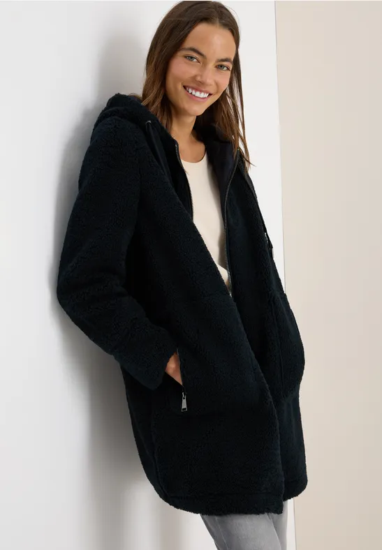 Damen Teddyfleece Mantel mit Kapuze