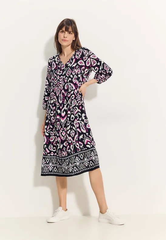 Bedrucktes Midi-Tunika-Kleid mit V-Ausschnitt