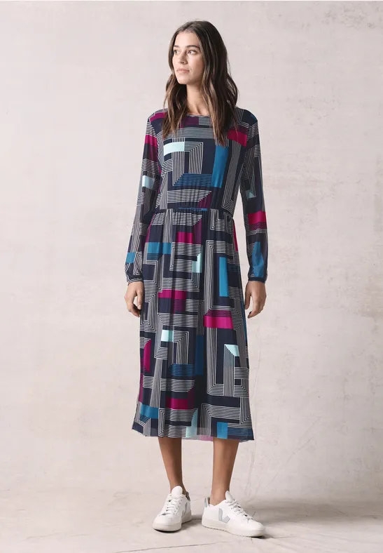 Bedrucktes Mesh-Midikleid mit langen Ärmeln