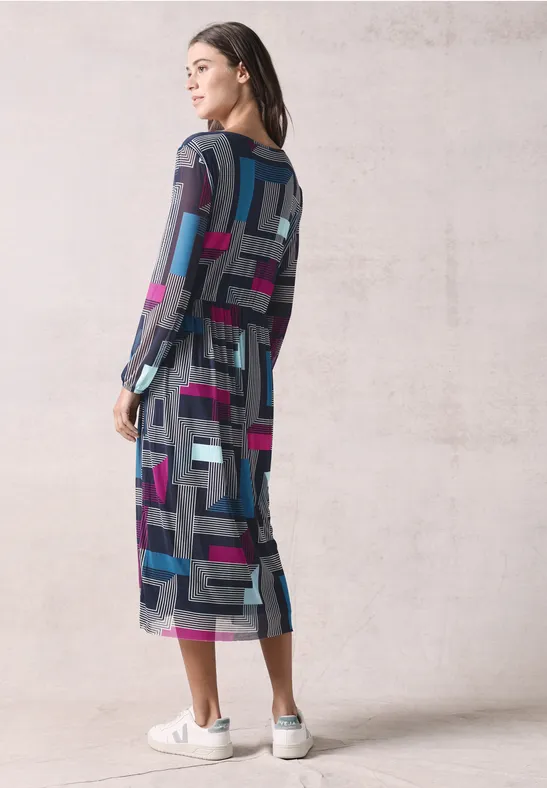 Bedrucktes Mesh-Midikleid mit langen Ärmeln