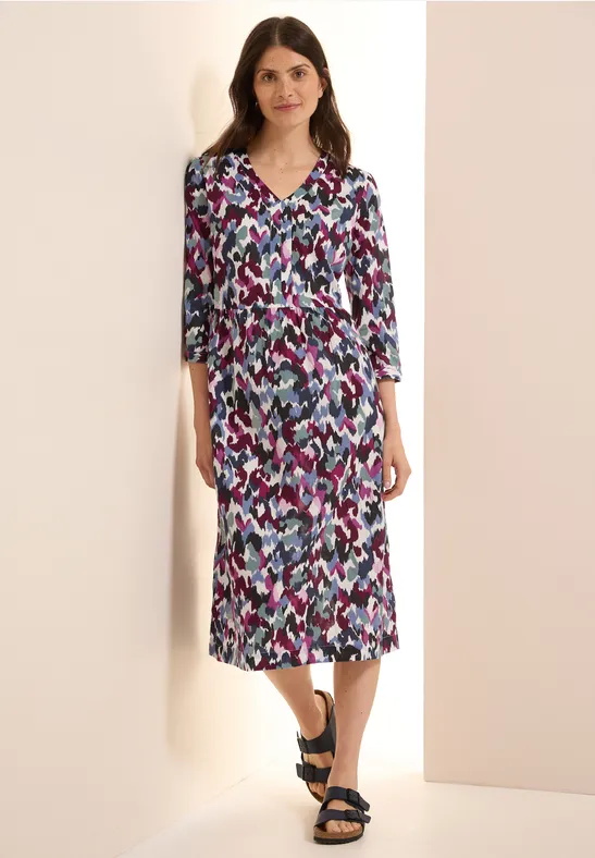 Gemustertes Baumwoll-Midikleid mit Ärmeln