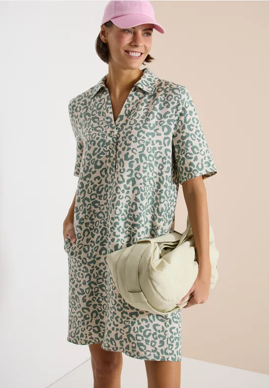 Leinenmischungs-Hemdkleid mit Leopardenmuster
