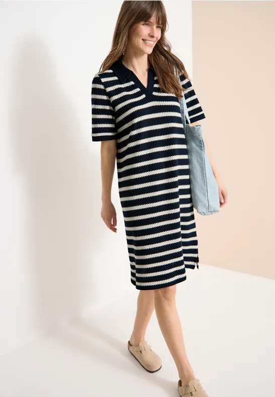 Gestreiftes Strick-Polo-Kleid Knielang