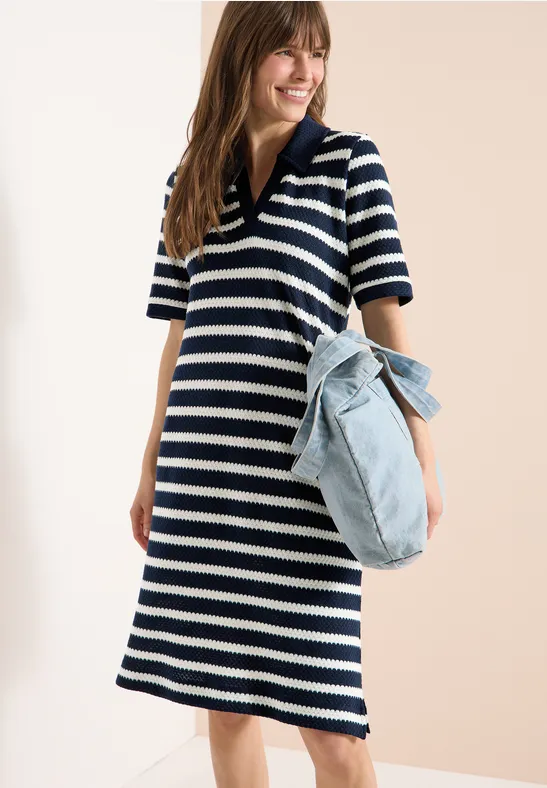 Gestreiftes Strick-Polo-Kleid Knielang