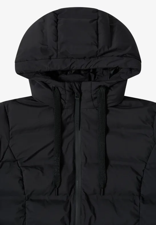 Schwarze gesteppte Kapuzen-Pufferjacke