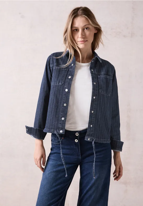 Gestreifte Kurz-Jeansjacke mit Kordelzug