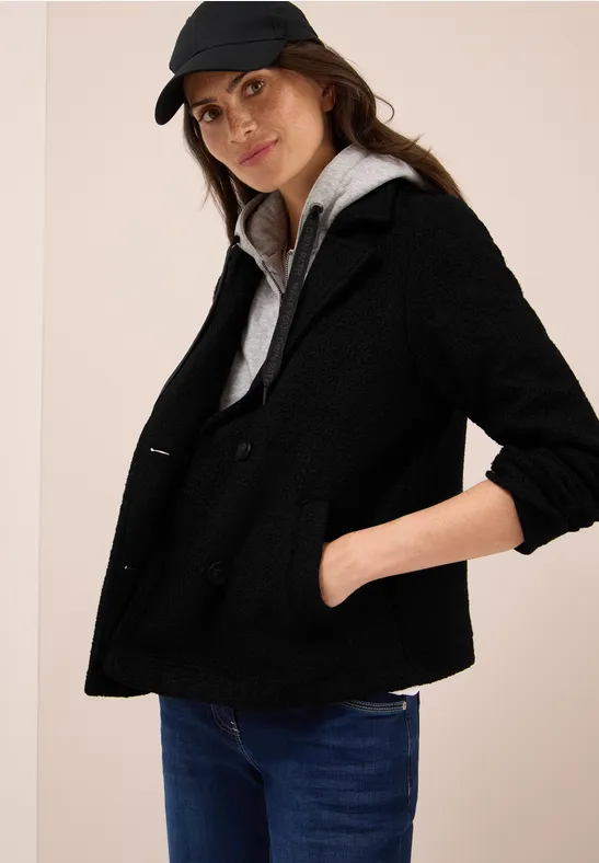 Schwarzer, strukturierter Bouclé-Cabanjacke mit Kapuze