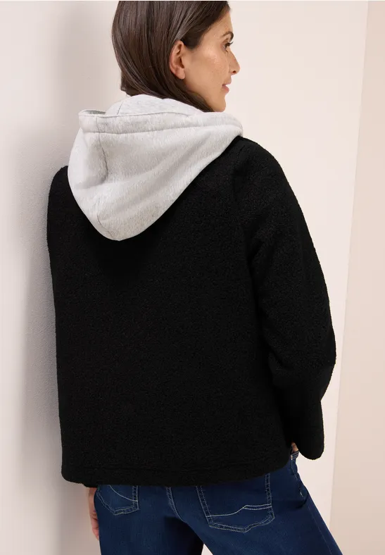 Schwarzer, strukturierter Bouclé-Cabanjacke mit Kapuze