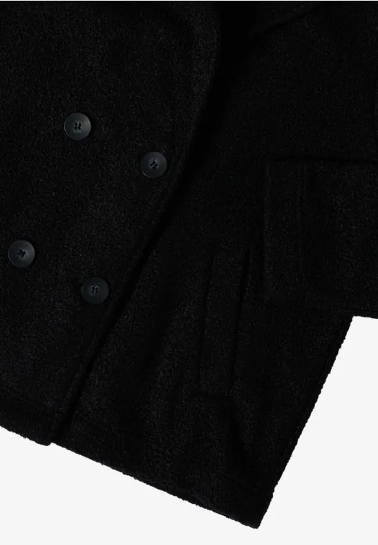 Schwarzer, strukturierter Bouclé-Cabanjacke mit Kapuze