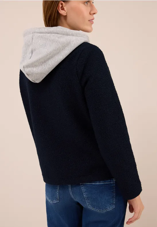 Marinefarbener Bouclé-Trenchcoat mit Kapuze