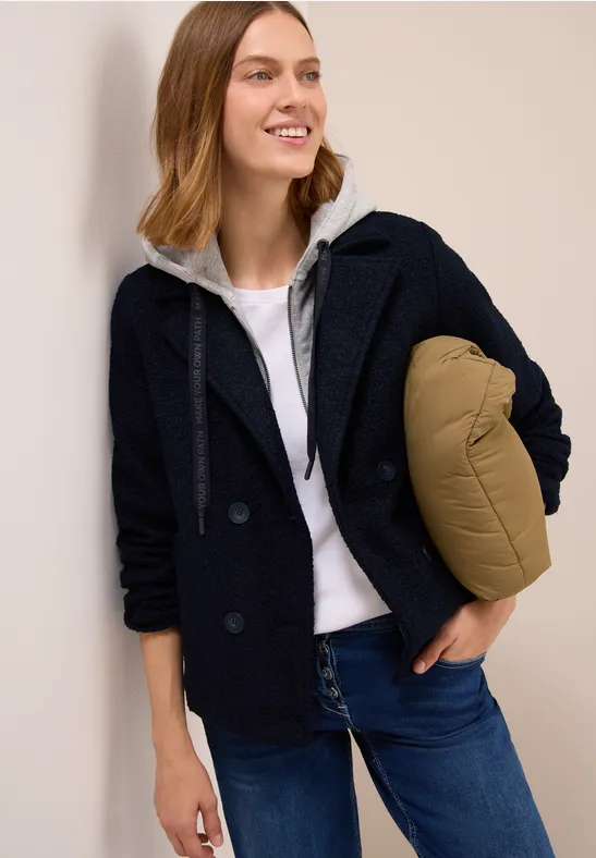 Marinefarbener Bouclé-Trenchcoat mit Kapuze
