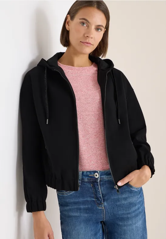 Schwarze Kapuzen-Blousonjacke mit Reißverschluss
