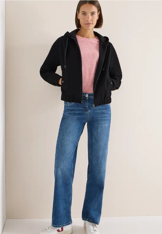 Schwarze Kapuzen-Blousonjacke mit Reißverschluss