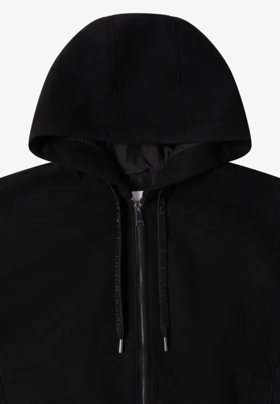 Schwarze Kapuzen-Blousonjacke mit Reißverschluss