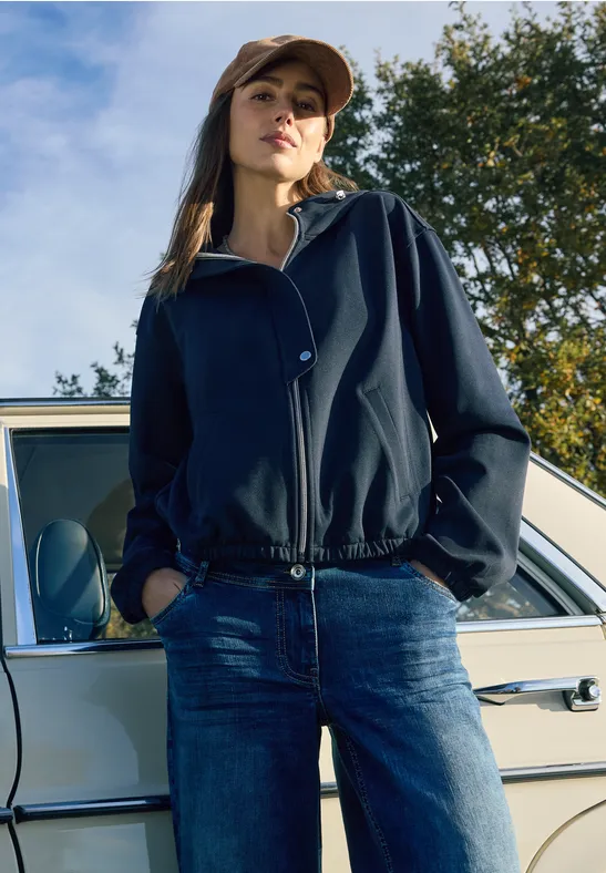 Navy Blouson Jacke mit Reißverschluss und Kapuze
