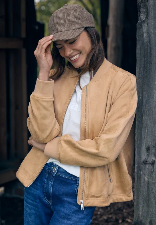 Beige Blouson Jacke in Wildlederoptik